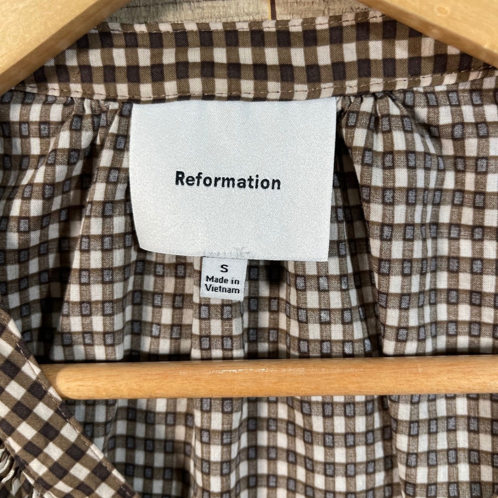 Reformation Adeline Top Anzo Check Brown Gingham Puff Sleeve Blouse Small - Picture 4 of 7